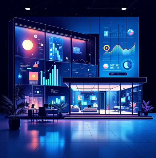 Smart office with live analytics dashboards across the walls at night